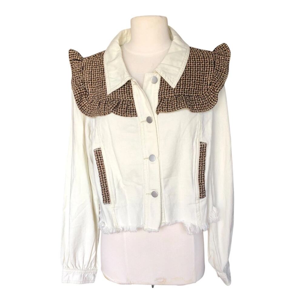 POL White Denim Jacket Ruffle Tweed Collar Frayed Hem Button Front Boutique SM - Picture 2 of 9